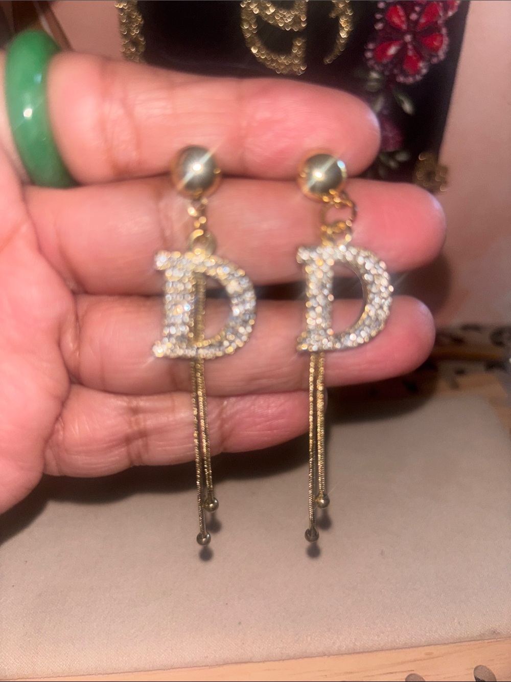 Rhinestone D Initial Drop Earrings in Gold